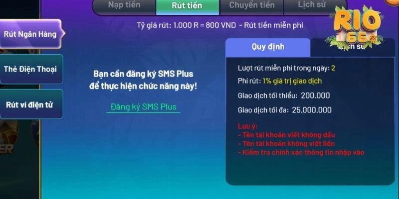 Hỗ trợ rút tiền Rio66